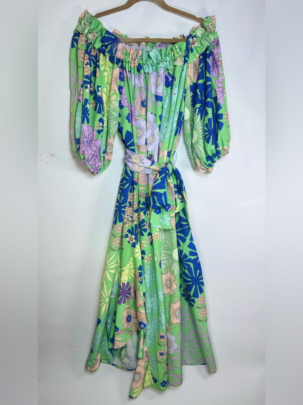 Anthropologie Oopscool Floral Puff Sleeve Off Shoulder Midi Dress Green - Picture 2 of 11